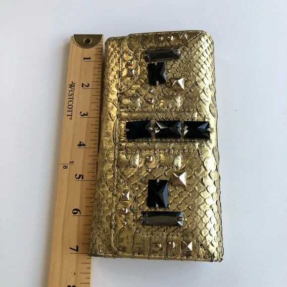 Vintage Juicy Couture Gold Metallic Leather Black Crystals Silver Stud Wallet - Picture 11 of 12